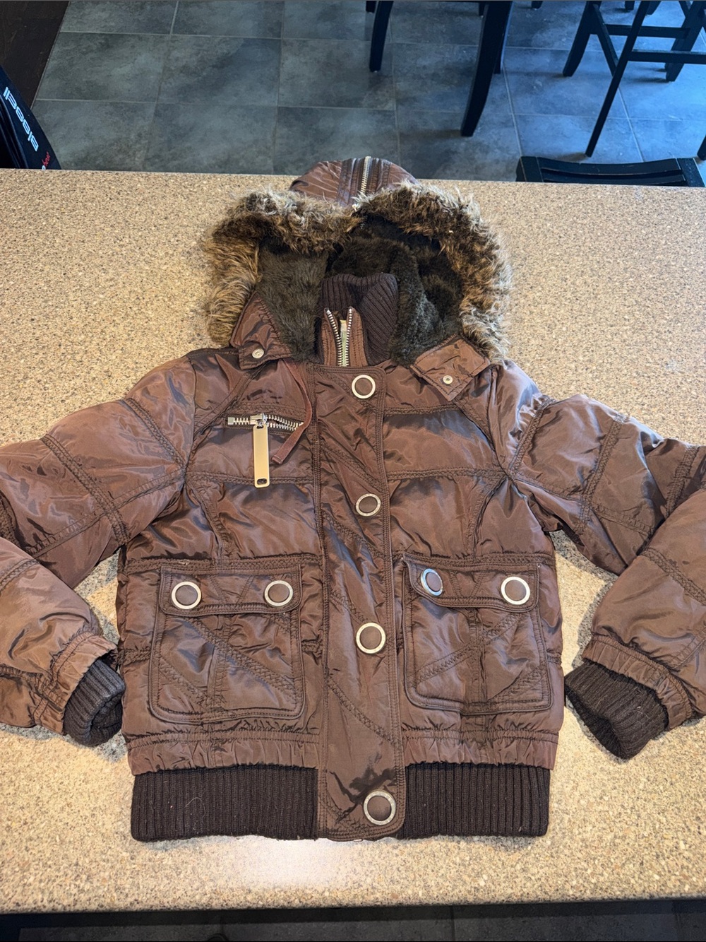Maurices Y2k Brown Hooded Bomber Utility Puffer Jacket